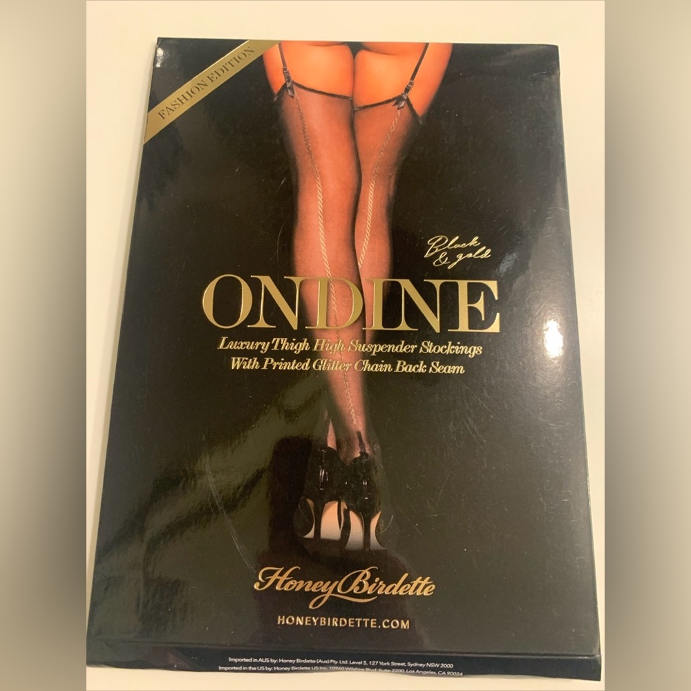 Brand New Honey Birdette Black and Gold Ondine Stockings Large